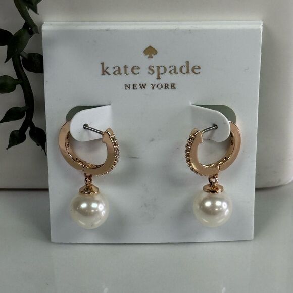 New Kate Spade Rose Gold Pearl Crystal Huggie Earrings - Picture 1 of 3